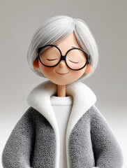Stylized 3D elderly woman with white hair and round glasses smiling peacefully- confidence and positive aging
