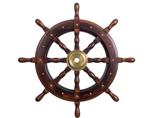 A detailed wooden ship's wheel, meticulously crafted, brass accents against a dark background