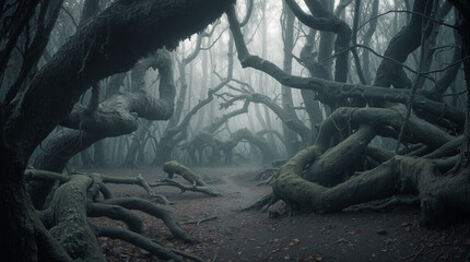 Obraz premium Dark trees with twisted branches fill the scene in a dense fog. The ground is covered in leaves, and a small path winds through the maze of foliage. The atmosphere is thick and strange