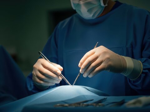 Closeup of surgeons gloved hands performing incision with scalpel and forceps during operation under bright surgical light in operating room - Powered by Adobe