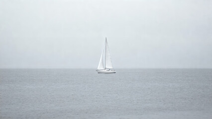Lonely sailboat on calm water in a foggy cloudy sky. White sailboat at sea.