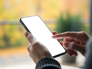 Hand touching blank white smartphone screen with blurred autumn foliage background finger tapping
