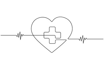 Continuous line drawing of heart with medical cross and ecg heartbeat on white background
