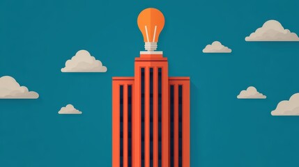 A vibrant building features an orange lightbulb atop, set against a blue sky with clouds, representing creativity and innovation.