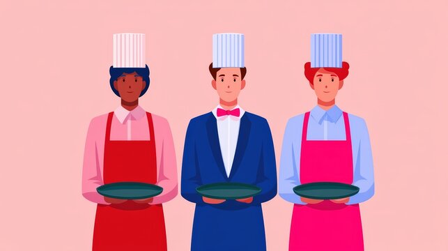 Three chefs in colorful attire hold plates, showcasing diversity in culinary arts against a soft pink background.