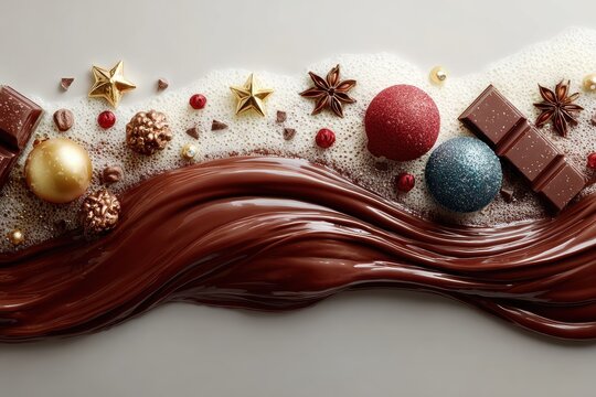 Waves of melted chocolate with glittering ornaments and cocoa treats, symbolizing elegance and warmth, perfect for holiday branding and packaging.