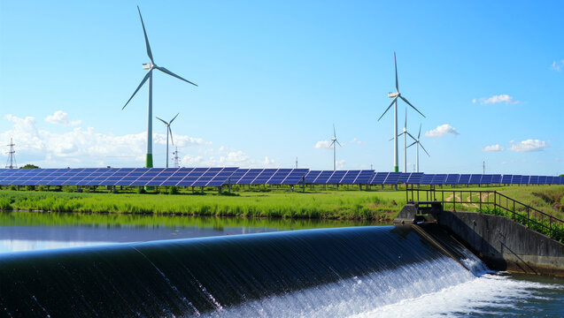 Wind turbines spin in the breeze while solar panels capture sunlight above a water reservoir. Green fields surround the area, highlighting renewable energy sources in use during midday - Powered by Adobe