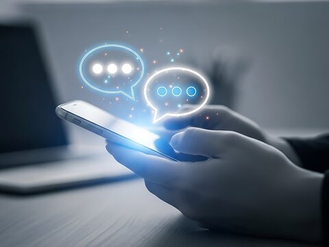 Hands holding smartphone with glowing blue chat bubbles and digital particles mobile - Powered by Adobe