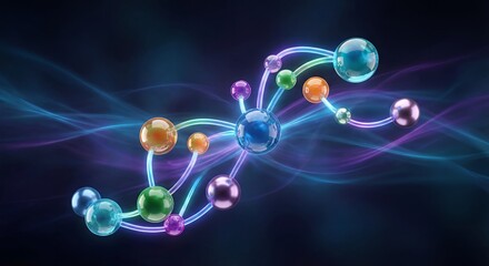 Vibrant illustration of a molecular structure featuring colorful spheres interconnected by glowing lines, set against a dark background, creating a dynamic and engaging visual representation