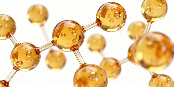 Ultra-realistic 3D rendering of a cortisol molecule depicted as transparent glossy spheres, showcasing molecular structures in a visually appealing manner.