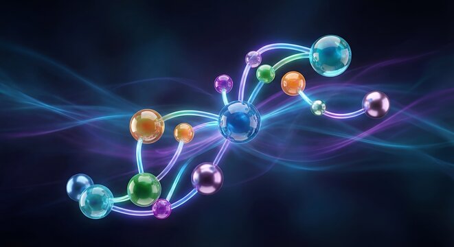 Vibrant illustration of a molecular structure featuring colorful spheres interconnected by glowing lines, set against a dark background, creating a dynamic and engaging visual representation