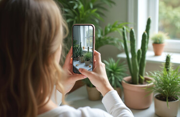 Woman takes photo of potted plants with smartphone. Indoor gardening hobby, home jungle, succulent and cactus collection. Blogger shares plant care tips online.