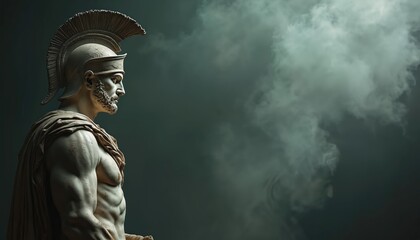 Ancient statue of a Spartan warrior against a dark moody background. The marble sculpture shows the profile of a bearded man in a helmet. This art piece has historic value.
