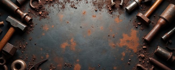 Old metal forging tools laid on dark dusty surface. Hammers tongs chisels and ring shapes are scattered around. Dark background with brown powder for text.