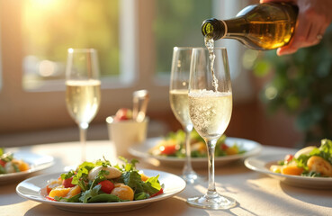 Pouring prosecco into champagne flute at brunch table. Fresh salads and fruit sit on plates. Light streams across room creating warm inviting atmosphere for a celebration meal.