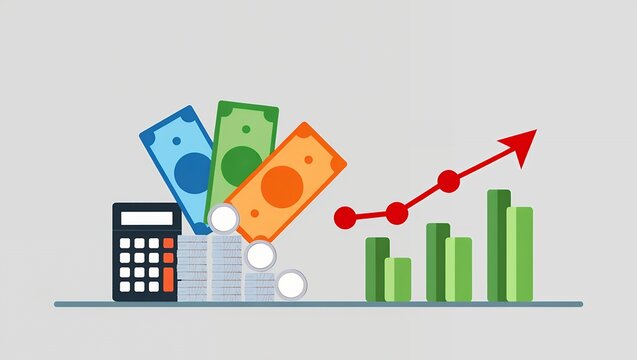 Colorful illustration depicting financial growth with stacks of money, a calculator, and a rising graph, symbolizing investment, savings, and economic success in a modern design