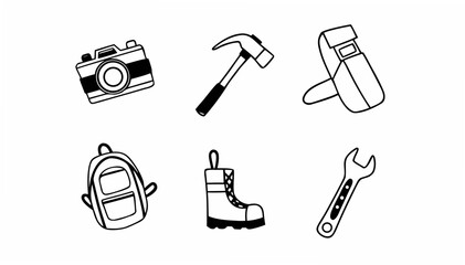 Doodle drawing of camera, hammer, welding mask, backpack, boot and wrench in black and white style mjunaid silhouette