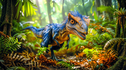 Obraz premium A blue dinosaur stands on a path in a jungle filled with green plants. Sunlight comes through the trees, creating a lively atmosphere. The dinosaur appears alert and curious