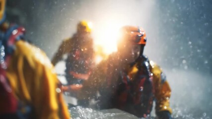 Emergency responders in waterproof suits move through heavy rain and rushing water, showcasing courage and resilience. The scene captures the intensity and danger of real life rescue missions