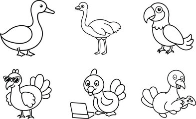 Playful and funny bird characters illustrated in a charming line art style Vector illustration