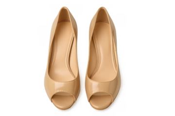 Nude patent leather peep toe pumps creating a glamorous fashion footwear look, elegant modern high heel shoes