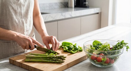 A woman is skillfully chopping fresh asparagus and green peppers on a wooden cutting board in a modern kitchen, with a bowl of mixed salad nearby, showcasing healthy cooking practices