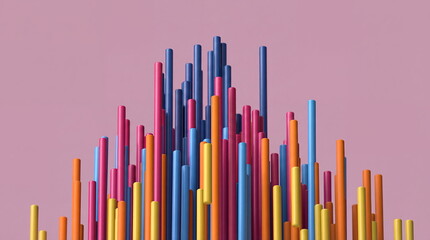 Obraz premium A striking display of vibrant cylindrical shapes in various colors, arranged in a dynamic formation against a soft pink background, creating an engaging visual experience and artistic flair