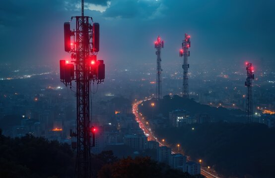 Cell towers with red lights glow over a hazy city at night. Antennas on metal structures transmit signals. Urban landscape with roads and buildings spreads below.