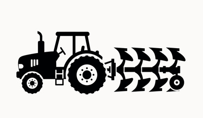 tractor with plow black and white silhouette icon Vector illustration