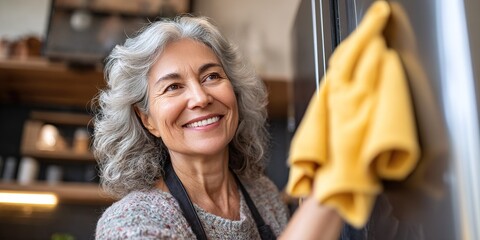 Woman wipes a refrigerator with a yellow cloth in a kitchen setting during the daylight hours