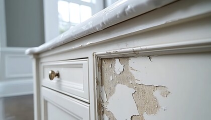 Peeling paint on antique white cabinet drawers with bronze knobs interior detail