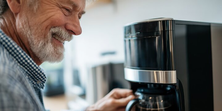 Senior man makes coffee in kitchen while smiling and enjoying morning routine at home