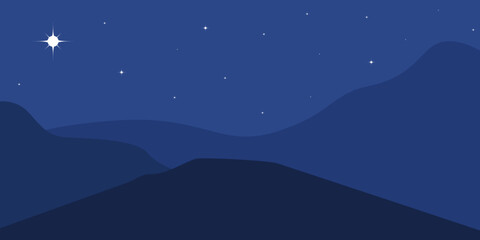 silhouette Happy Epiphany illustration in flat style design. Christmas background, flat illustration, mountains with stars on dark blue background