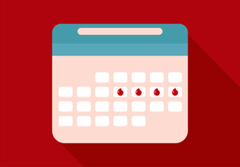 Menstrual cycle calendar with period days,  Flat vector illustration on red background. Women&rsquo;s health, menstruation, period, and fertility tracking concept