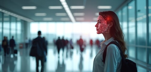 Futuristic airport terminal scene featuring biometric facial recognition technology. Woman observes digital overlay face, advanced security, data analysis. Blurred background travelers navigating