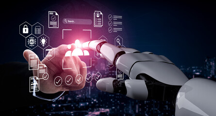 Two hands, one human and one robotic, connect over a digital interface representing technology, innovation, and artificial intelligence in a modern cityscape. Gantry