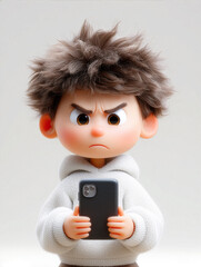 Stylized 3D boy with messy hair frowning at smartphone - digital frustration, screen fatigue and Gen Z emotions concept