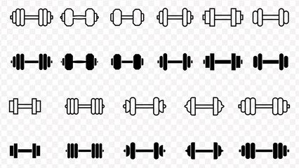 Collection of various dumbbell icons in black and white outline and solid fill styles weights exercise
