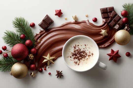 Cup of cappuccino with melted chocolate and ornaments, symbolizing cozy moments and celebration, perfect for winter campaigns or cafe promotions.