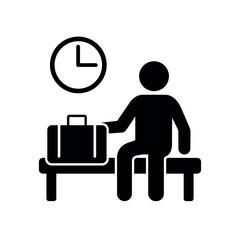Waiting room vector flat icon on white background. Passenger seating near the station with travel case. Black silhouette sign for airports.