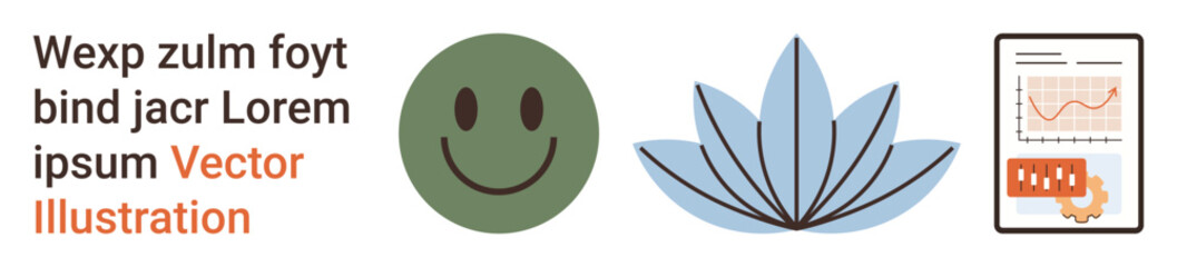 Wellness, mindfulness, health, data analytics, progress tracking, meditation. happy face, lotus flower and chart with data. Wellness and mindfulness illustrated with related icons