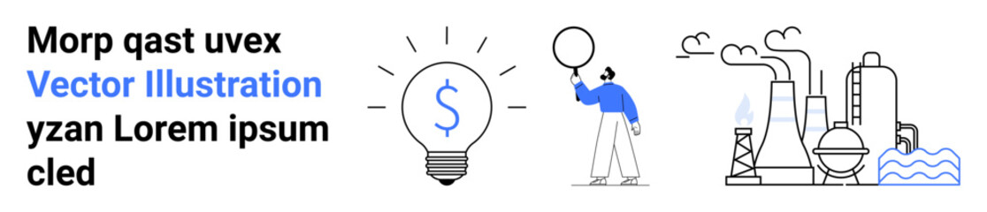 Lightbulb with monetary symbol, individual holding balloon, pipes, and factory plant structures. Ideal for innovation, finance, creativity, energy, industry sustainability and simple landing page