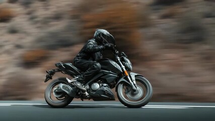 A biker in protective clothing and helmet speeds on a powerful motorcycle, creating a dynamic and energetic scene. The blurred landscape highlights the thrill of fast riding