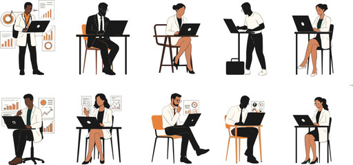 Vector illustration set of diverse business people and professionals working on laptops, symbolizing remote work, digital communication, online education, and modern office careers.