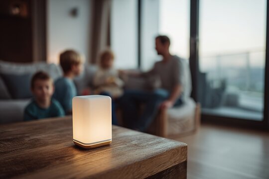 Family gathering in a cozy living room with a lamp on a table during evening - Powered by Adobe