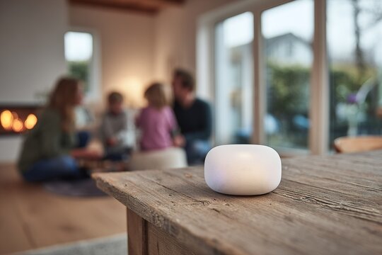 Family gathers around speaker in cozy room during indoor activity in the evening hours