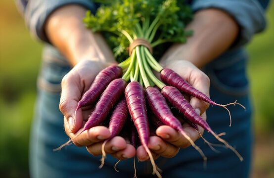 Farmer holds bunch of fresh purple carrots. Person shows harvest from garden. Colorful root vegetables have green tops. Natural food grown locally on farm.