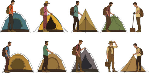 Vector illustration set of diverse people setting up tents and preparing campsites for adventure, wilderness exploration, hiking, and outdoor leisure activity.