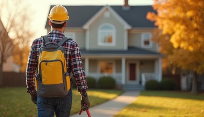Skilled worker in hard hat walks to suburban home for service. Wears plaid shirt, gloves, carries yellow backpack with tools. Man provides expert repair, maintenance, construction service at