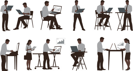 Vector illustration set of diverse business professionals and data analysts working on laptops with charts and graphs, symbolizing research, finance, and office work.